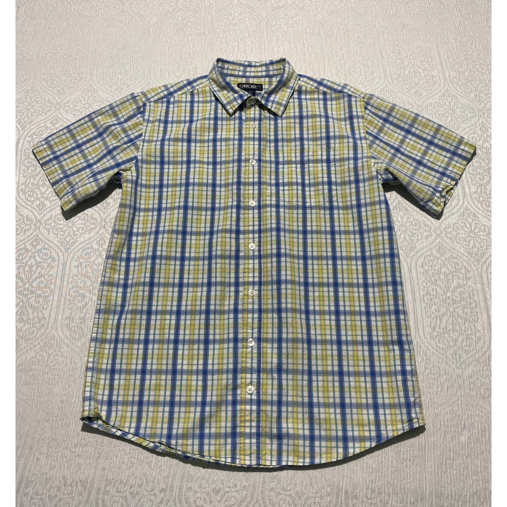 Cherokee Plaid Button Up Shirt Short Sleeve Boys Size XL‎ 16 Blue Yellow Cotton